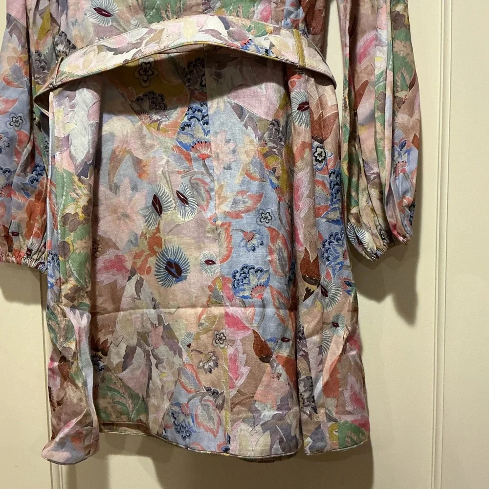 NWOT Zimmermann Belted Floral Print Linen Mini Dress Pastel Sz 3 - Picture 9 of 16